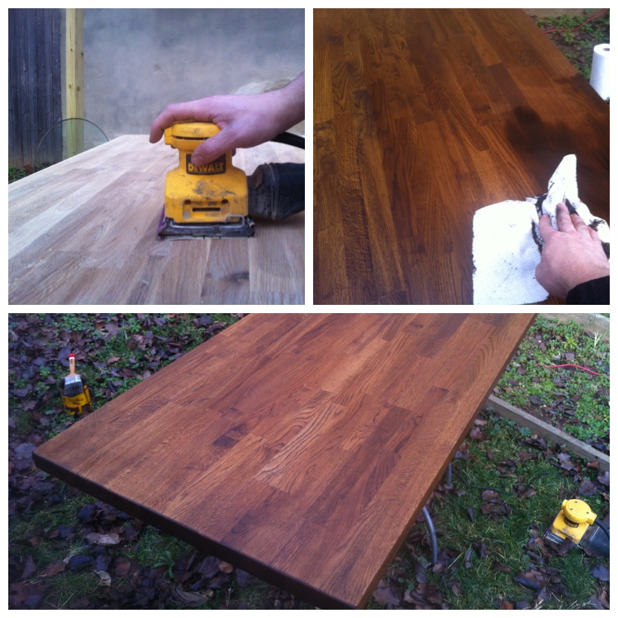 Sanding and staining the desk top