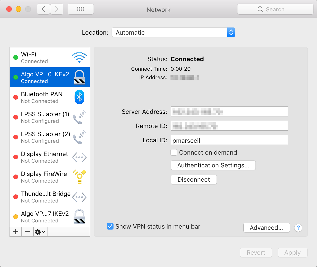 "Network settings showing VPN connected on MacOS"